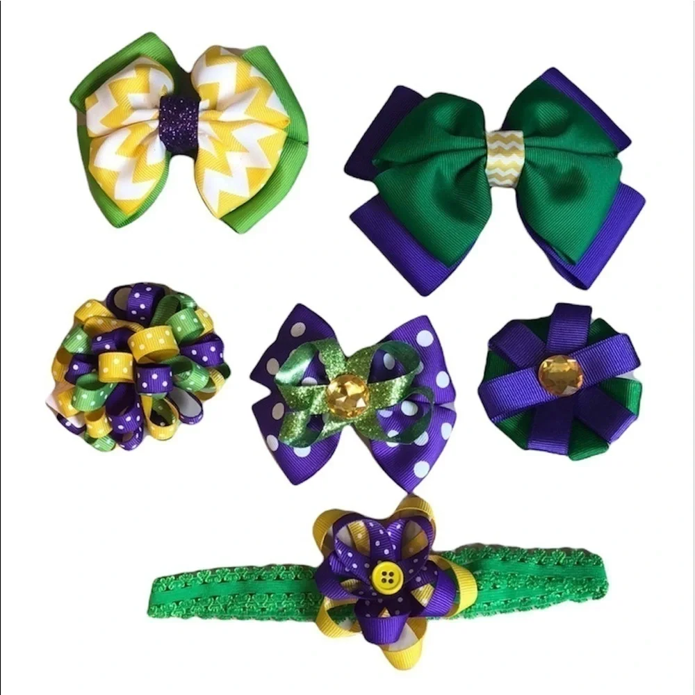 2/$15 Mardi Gras Hair Accessories Set Purple Green Gold Bows Clips Headband